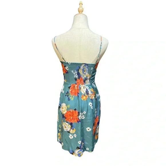ANTHROPOLOGIE Soeurs Floral Turquoise Spaghetti Strap Pleated Mini Dress 💯 Silk - Picture 6 of 9